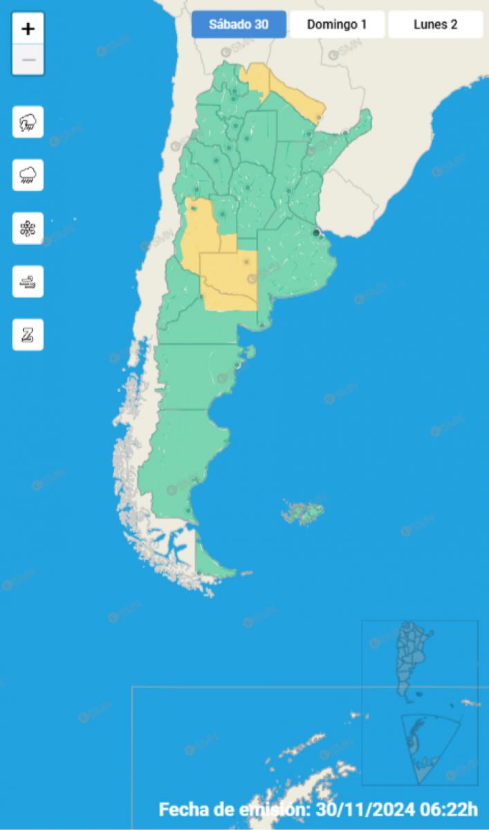 Mapa de alertas del Servicio Meteorológico Nacional