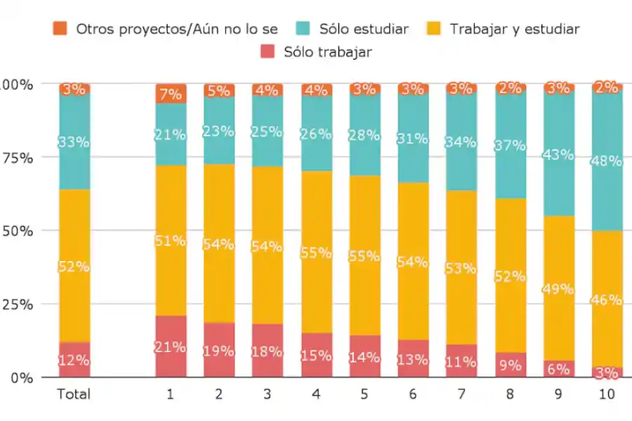 GRÁFICOS. Expectativas de los estudiantes del último año de secundaria, por decil de ingresos (el decil 1 es el de menores ingresos, el decil 10 es el más alto). / ARGENTINOS POR LA EDUCACIÓN.