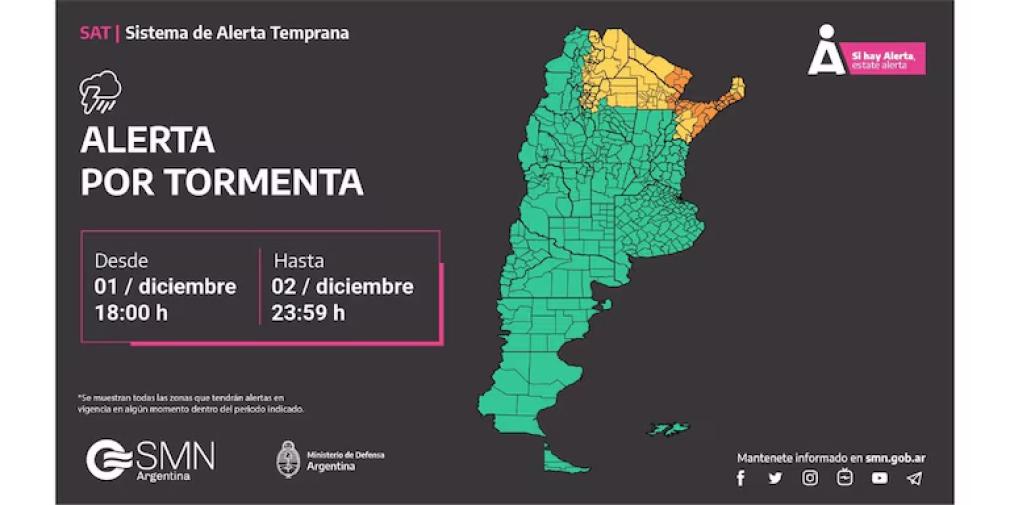 Doble alerta meteorológica por tormentas y fuertes vientos: cuáles son las provincias afectadas