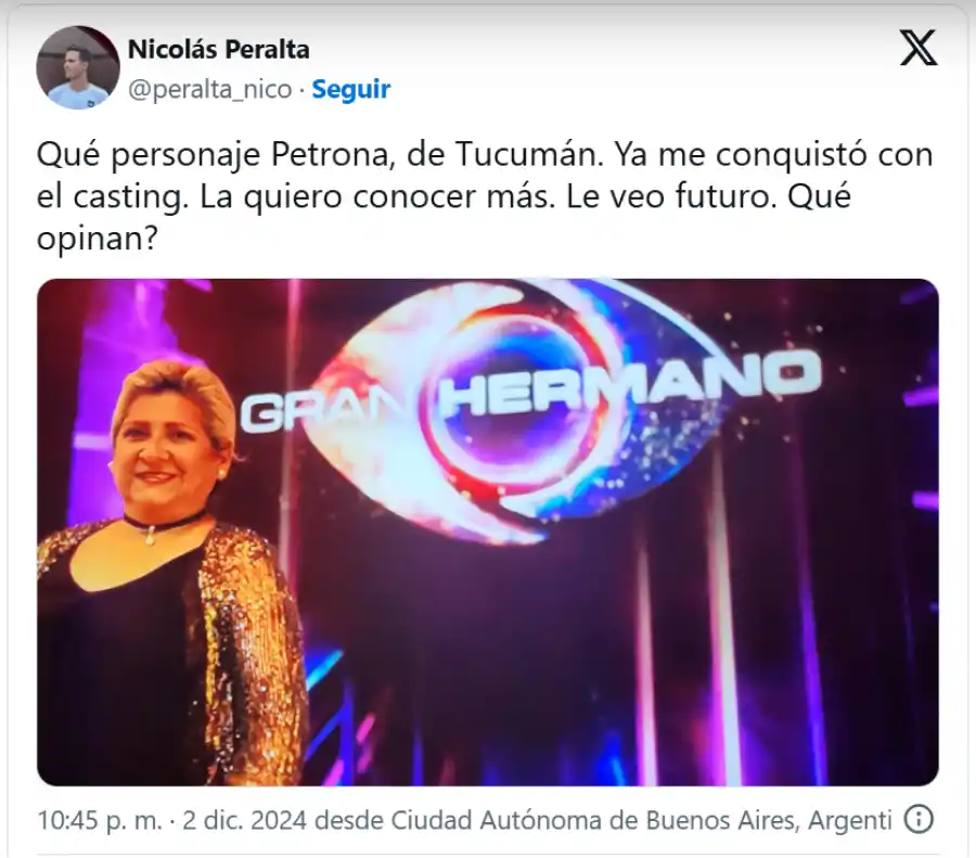 El posteo de Nicolás Peralta sobre Petrona.