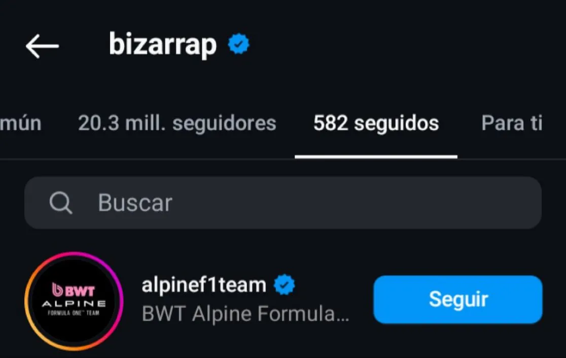 LLAMATIVO. Bizarrap empezó a seguir la cuenta oficial de la escudería Alpine.