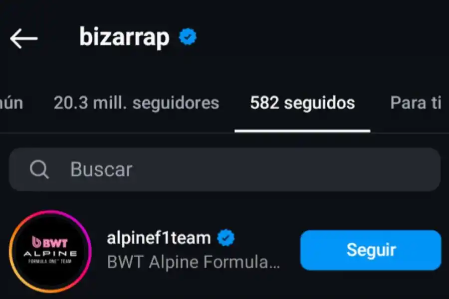 LLAMATIVO. Bizarrap empezó a seguir la cuenta oficial de la escudería Alpine.