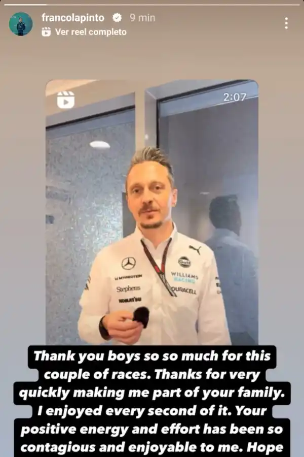 ¿Con aroma a despedida? ¡Gracias, Franco!: el mensaje de los integrantes del equipo de Williams para Colapinto