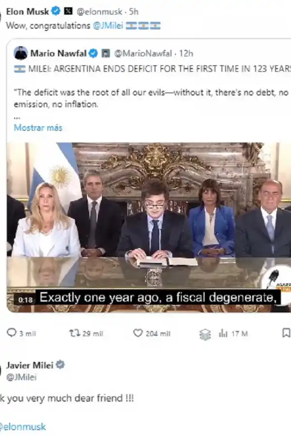 Elon Musk envió un mensaje a Javier Milei por el primer año de gestión