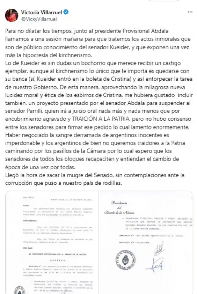 Villarruel convocó una sesión por el caso Kueider: “Llegó la hora de sacar la mugre del Senado”