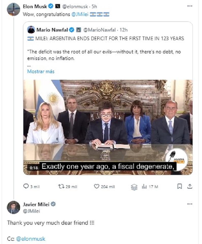 Elon Musk envió un mensaje a Javier Milei por el primer año de gestión