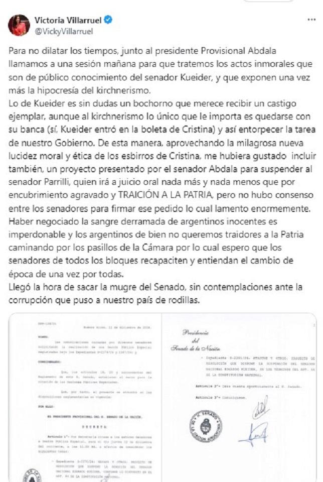 Villarruel convocó una sesión por el caso Kueider: “Llegó la hora de sacar la mugre del Senado”