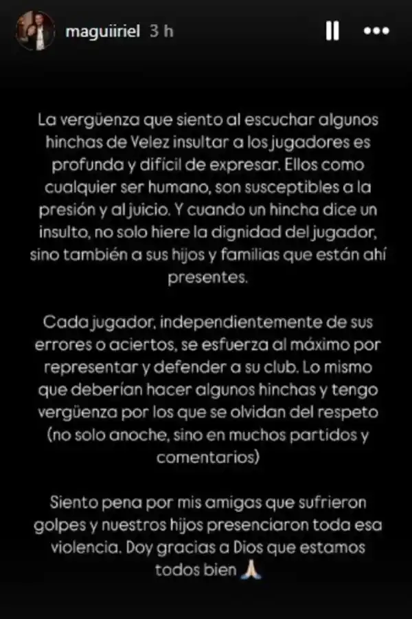 La esposa de un jugador de Vélez habló sobre los incidentes después de la derrota frente Central Córdoba: “Vergüenza”