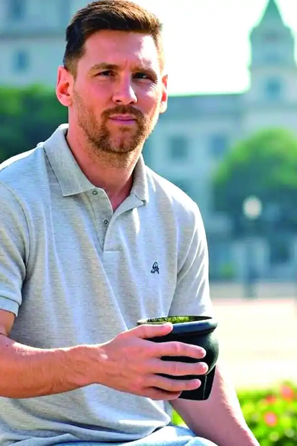 SIN BOMBILLA. Messi en la plaza Independencia tomando un mate.