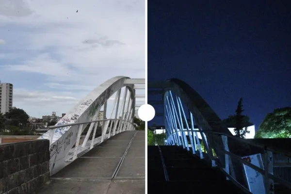 El día y la noche: así es el cambio cuando la oscuridad se apodera del puente peatonal de la Córdoba