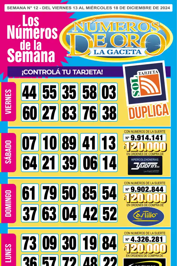 Esta es la grilla completa de los Números de Oro de LA GACETA del 18 de diciembre de 2024
