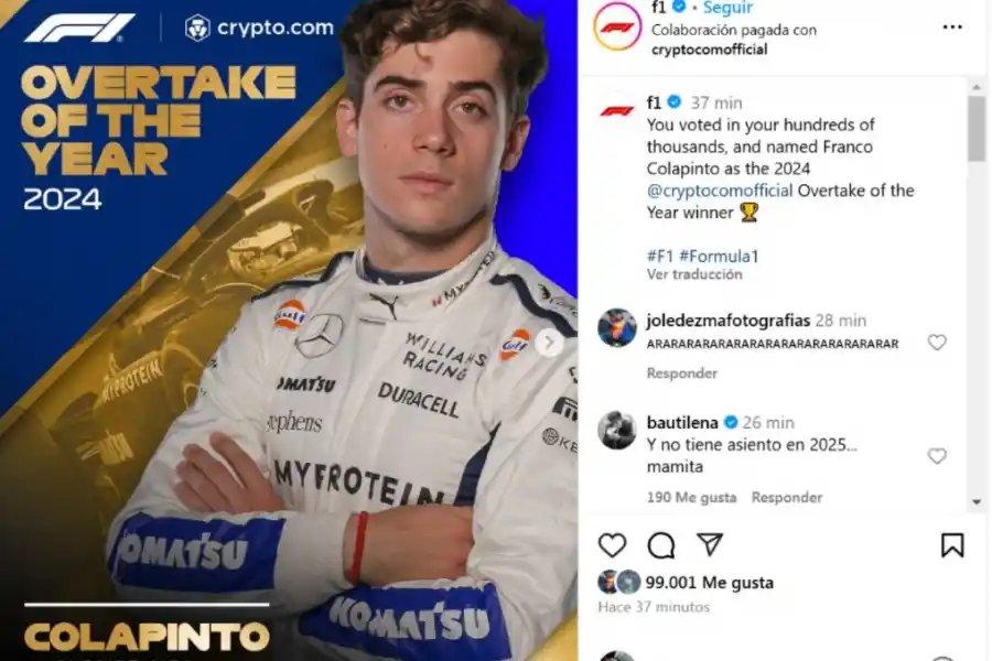 Franco Colapinto recibió un premio muy especial en la Fórmula 1