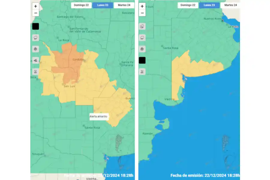 Alerta amarilla y naranja por tormentas y fuertes vientos.