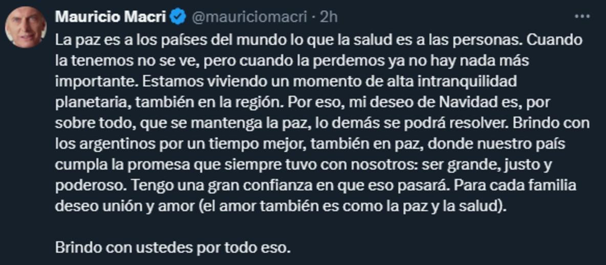 Mauricio Macri compartió un mensaje navideño: Estamos viviendo un momento de alta intranquilidad