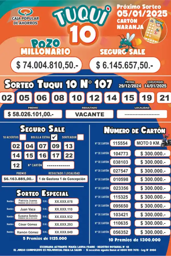 Tuqui 10: los resultados del sorteo del domingo 29 de diciembre