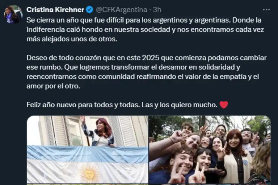 Cristina Kirchner compartió sus deseos para 2025: Que podamos cambiar el rumbo