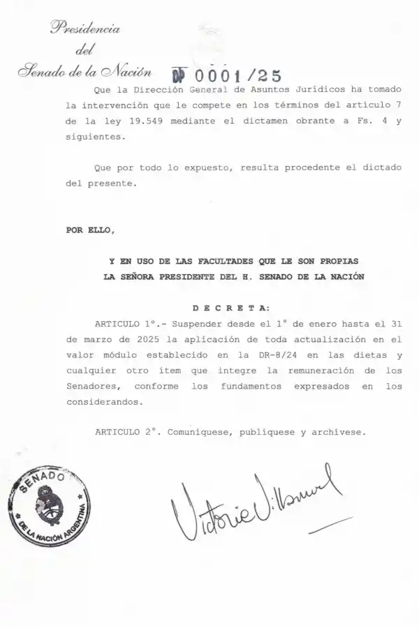 Victoria Villarruel congeló las dietas de los senadores hasta el 31 de marzo