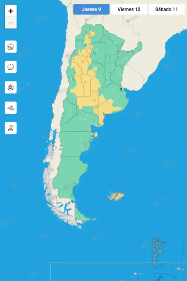 Mapa de alertas por tormentas del Servicio Meteorológico Nacional