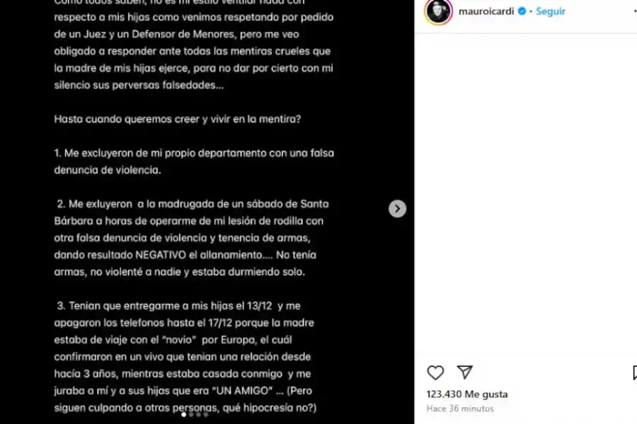 Posteo del descargo de Mauro Icardi.