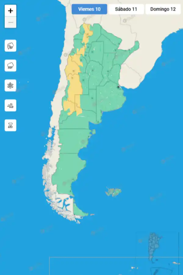 Mapa de alertas por tormentas del Servicio Meteorológico Nacional