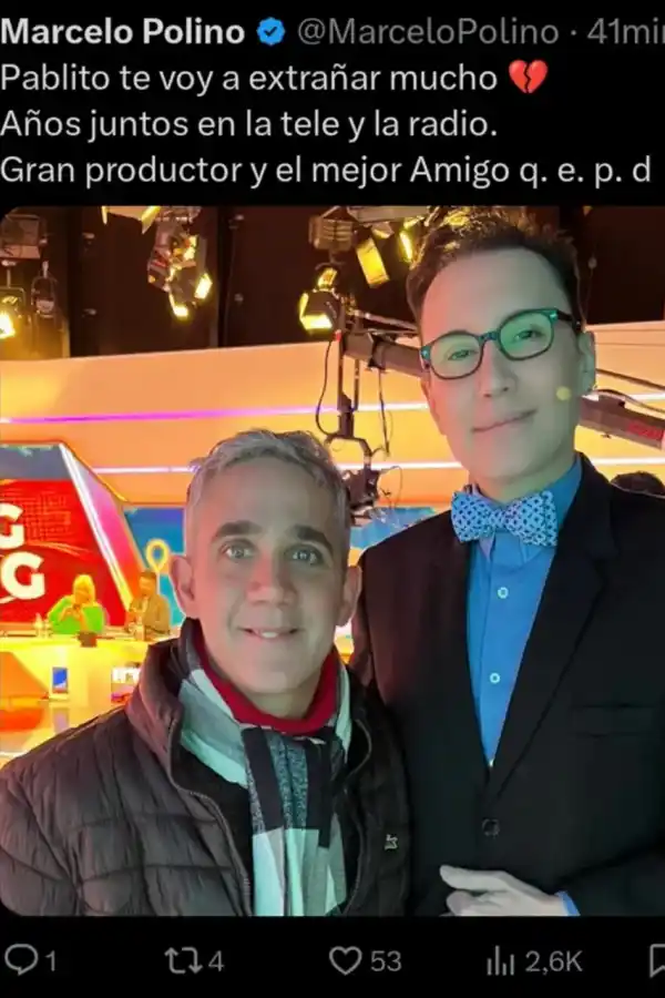 El emotivo tuit de Marcelo Polino por la muerte del productor Pablo Reynoso.