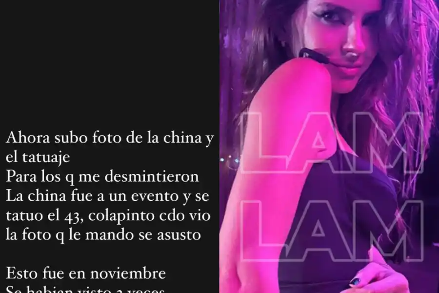 La China Suárez luciendo el tatuaje del número 43, en referencia al piloto Franco Colapinto.