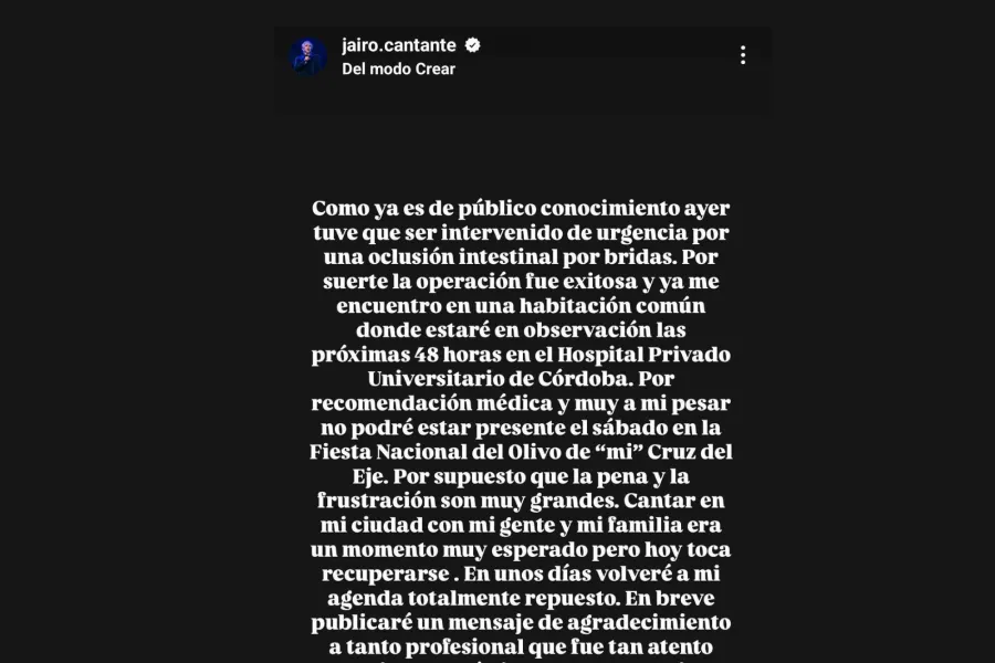 El comunicado de Jairo vía Instagram.