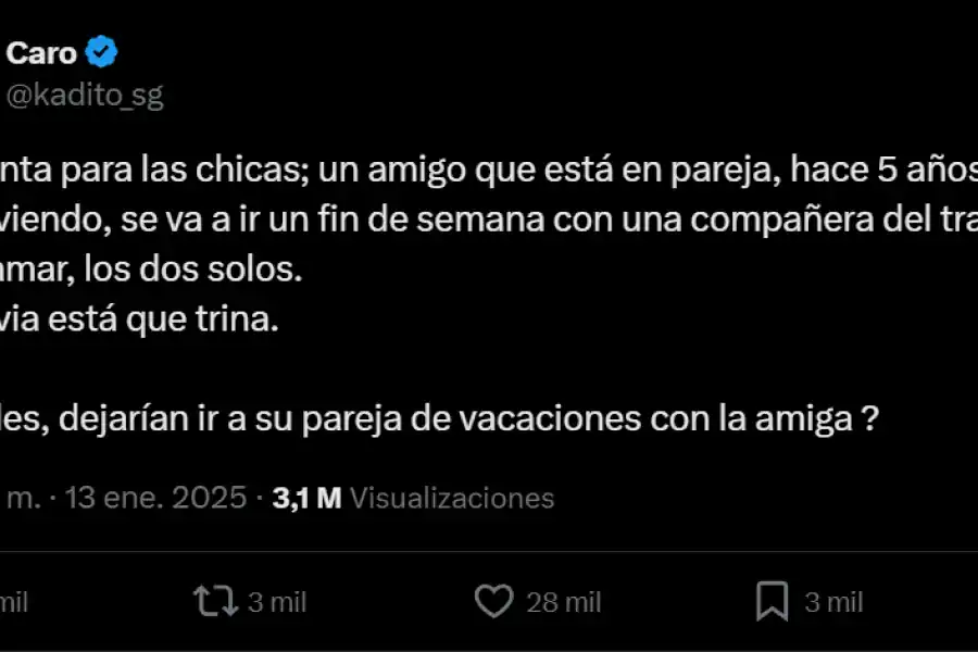 La historia que abrió debate en X: ¿puede un chico con novia vacacionar solo con una amiga?