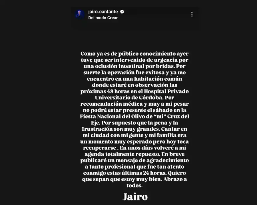 El comunicado de Jairo vía Instagram.