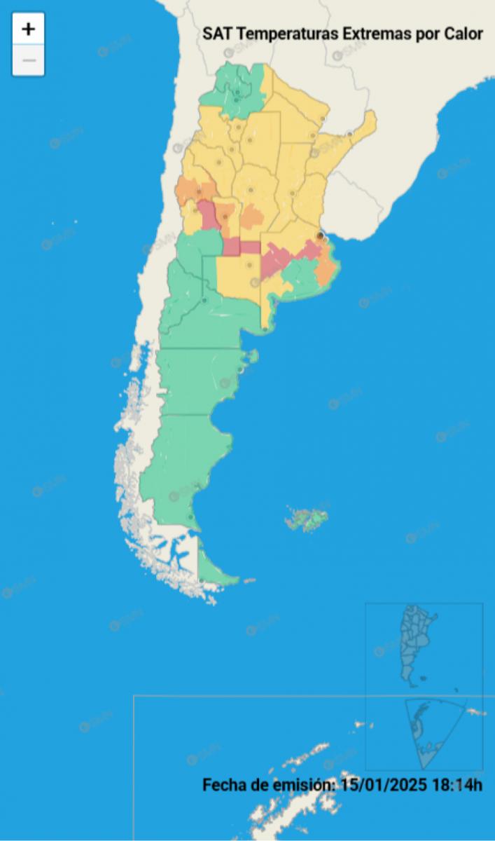 Mapa de alertas por calor extremo del Servicio Meteorológico Nacional