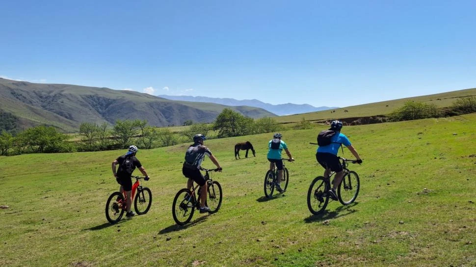 TRAVESÍA EN ‘BICI’. “Pinocho” y un grupo de turistas pasean por los cerros de Tafí del Valle en medio del verde y de los animales.