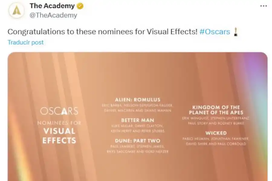 El mensaje en X de la cuenta de la Academia al anunciar las nominaciones de los argentinos.