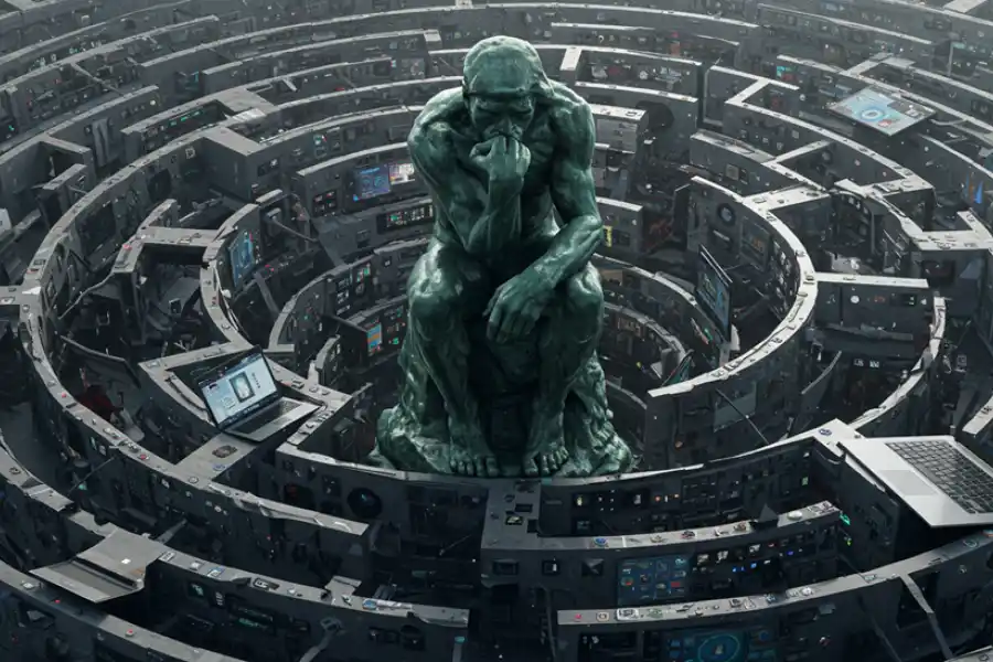 ImageFX: El pensador de Rodin abrumado en un laberinto tecnológico