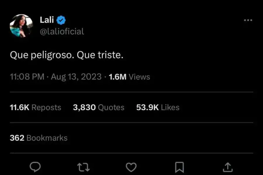 Misterio con el tuit más popular de Lali: aseguran que X elimina los me gusta en un post contra Javier Milei