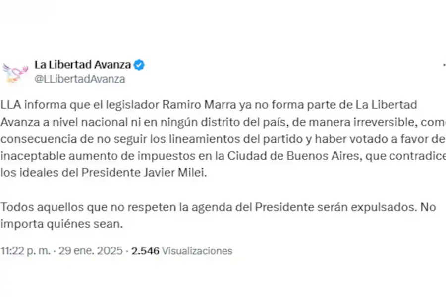 POR X. Desde LLA anunciaron por las redes sociales la salida de Marra del partido.