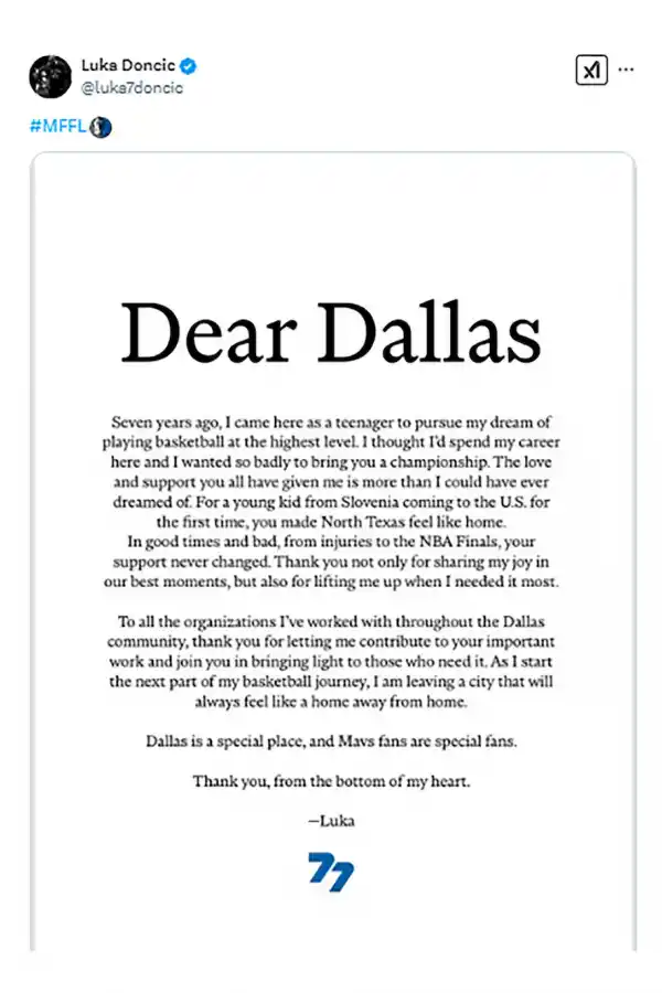 La emotiva carta de Luka Doncic a Dallas Mavericks tras su traspaso a Los Ángeles Lakers: “Pensé que pasaría aquí mi carrera”