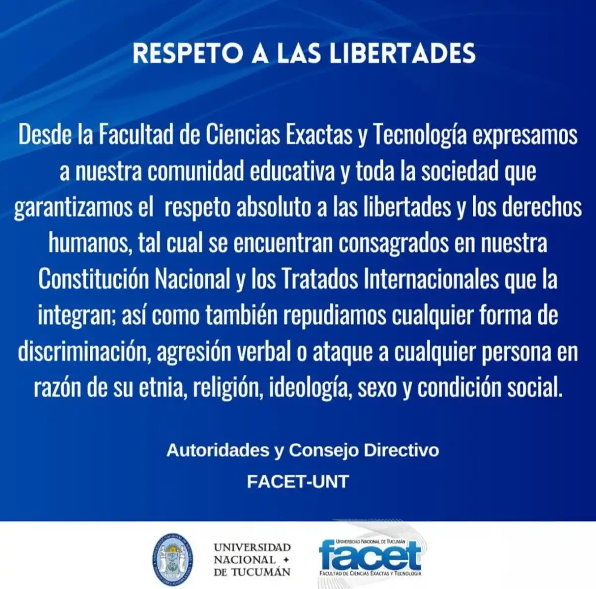 COMUNICADO. La Facultad de Ciencias Exactas y Tecnología se pronunció luego de cuatro días de la marcha. / INSTAGRAM @facetoficial.unt