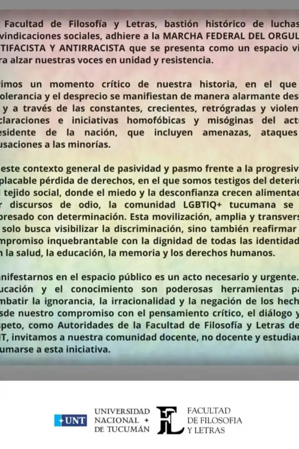DECLARACIÓN. La Facultad de Filosofía y Letras convocó a la marcha federal del 1 de febrero. / INSTAGRAM @filo.unt