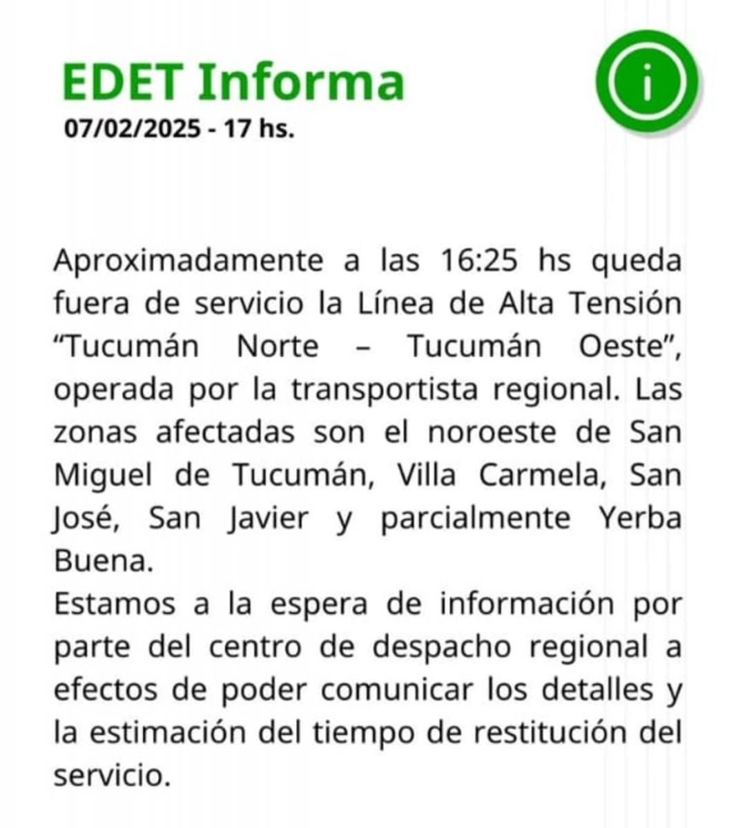El comunicado oficial de EDET.