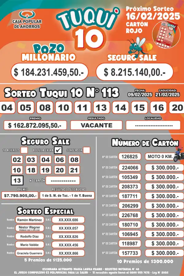Tuqui 10: estos son los resultados del sorteo del domingo 9 de febrero