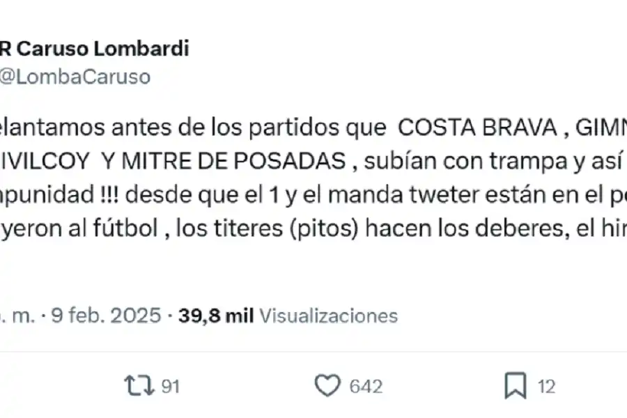 La bronca de Caruso Lombardi por las polémicas en el Regional Federal: “Destruyeron al fútbol”