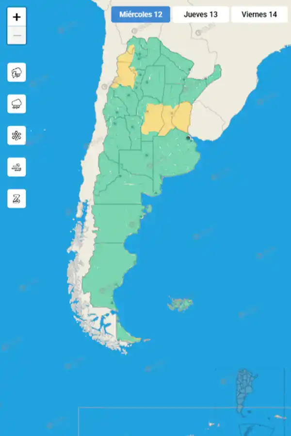Mapa de alertas por tormentas del Servicio Meteorológico Nacional