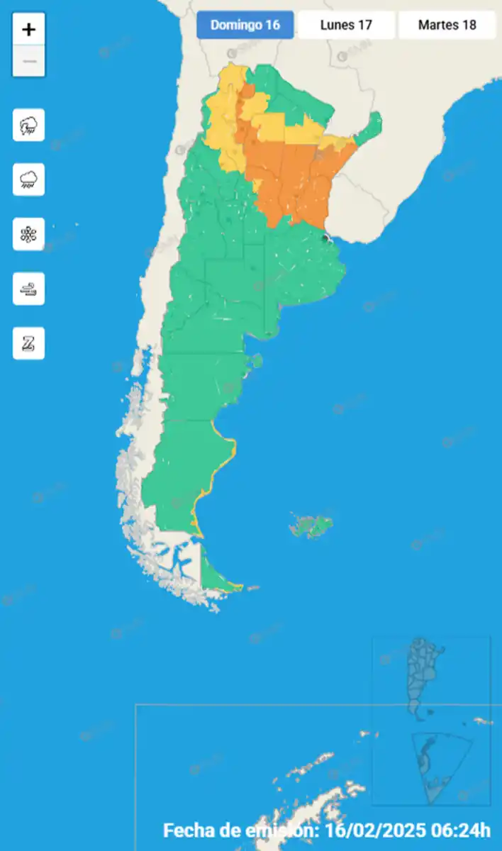 Mapa de alertas del Servicio Meteorológico Nacional