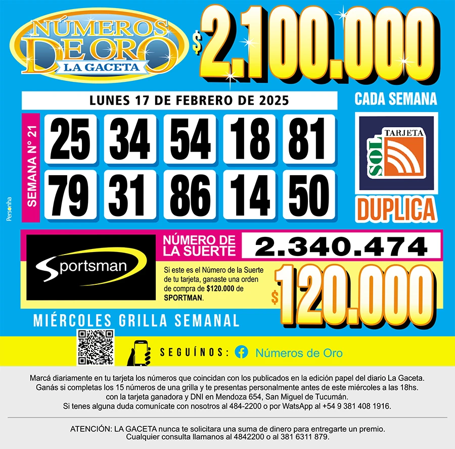 Los Números de Oro de LA GACETA del 17 de febrero de 2025