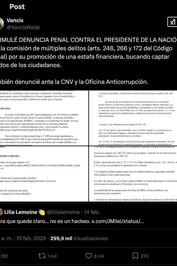 EL ANUNCIO DEL JOVEN TUCUMANO. Roda tuiteó que había denunciado a Milei el propio 15 de febrero de 2025, antes de que el Presidente borrara el mensaje de apoyo a $LIBRA. / CAPTURA DE PANTALLA