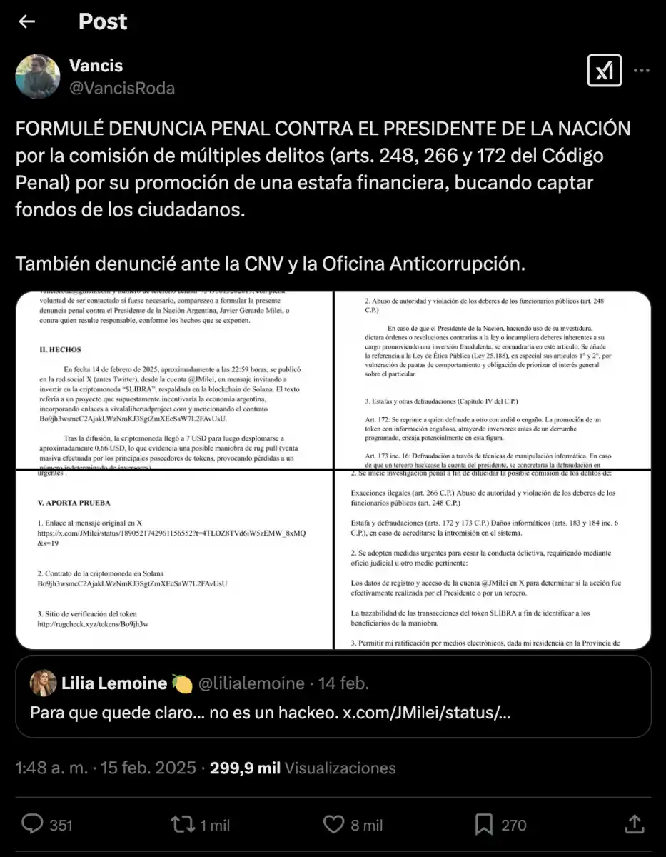 EL ANUNCIO DEL JOVEN TUCUMANO. Roda tuiteó que había denunciado a Milei el propio 15 de febrero de 2025, antes de que el Presidente borrara el mensaje de apoyo a $LIBRA. / CAPTURA DE PANTALLA