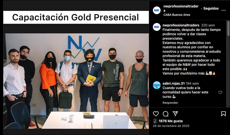 MUNDO CRIPTO. Milei dio cursos en N&W Professional Traders, el primero fue el 26 de enero y el último hasta el 2023. / INSTAGRAM @nwprofessionaltraders