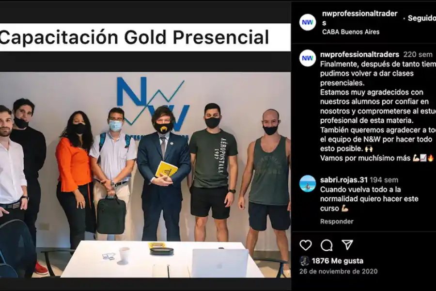 MUNDO CRIPTO. Milei dio cursos en N&W Professional Traders, el primero fue el 26 de enero y el último hasta el 2023. / INSTAGRAM @nwprofessionaltraders