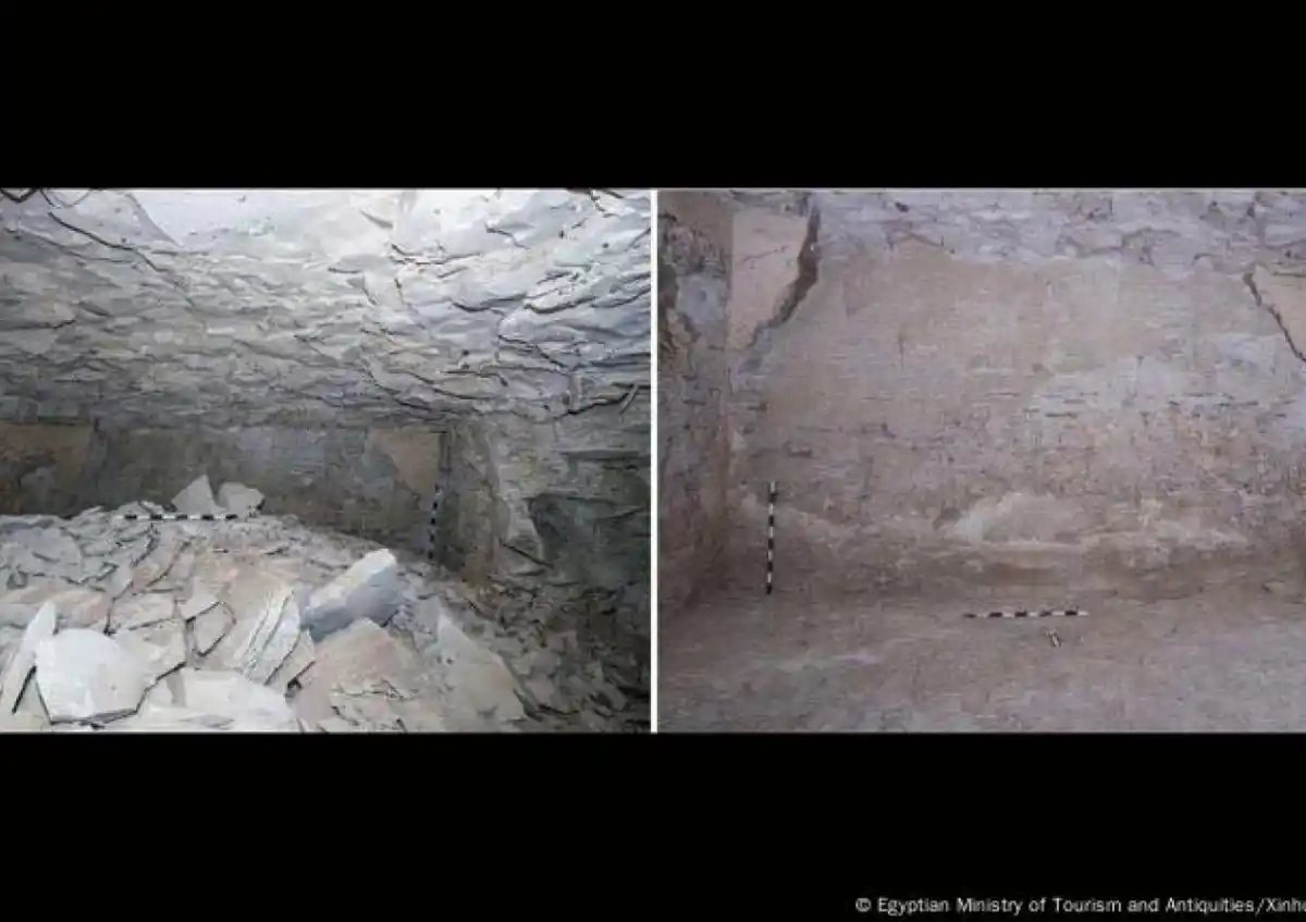 Cámara antes y después de la limpieza en la tumba del faraón Tutmosis II.