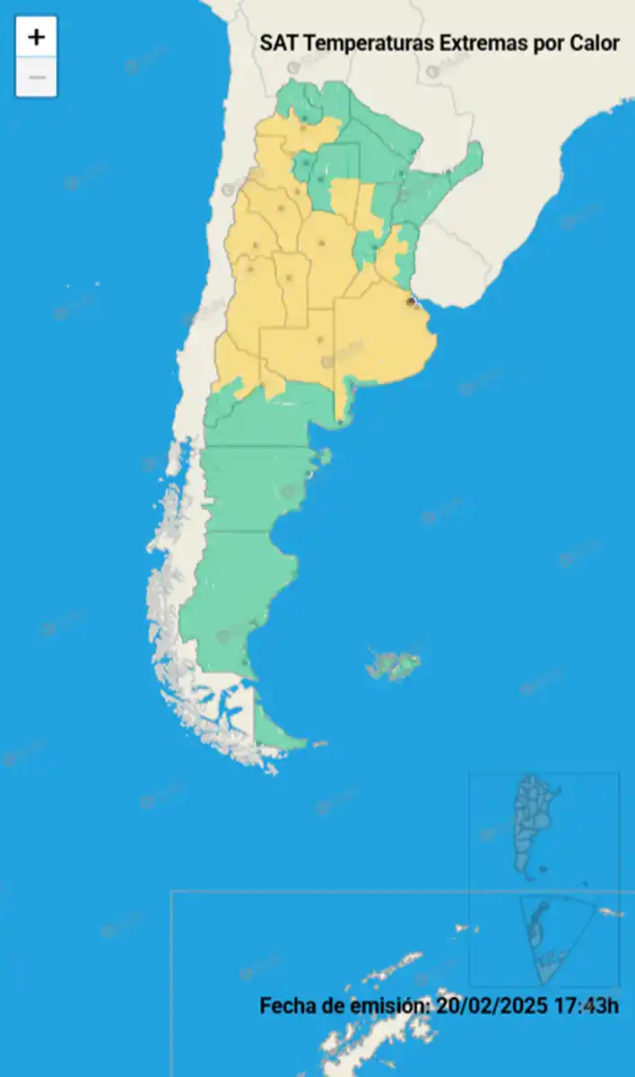 Mapa de alertas por calor extremo del Servicio Meteorológico Nacional